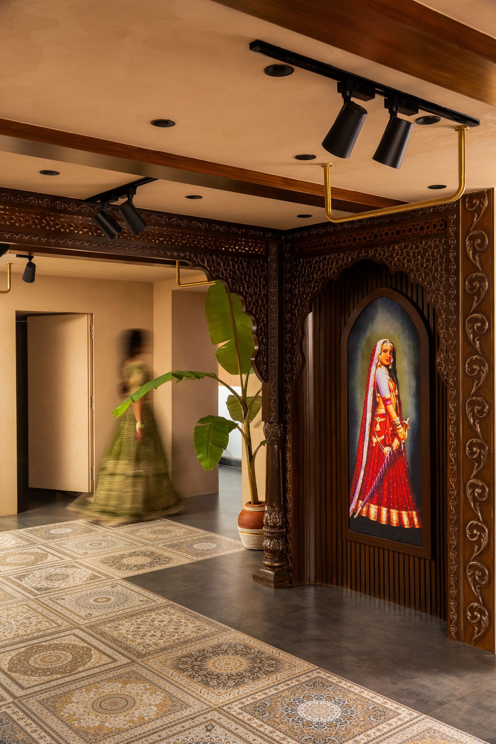 Image may contain Indoors Interior Design Floor Adult Person Wedding Flooring Architecture Building and Foyer