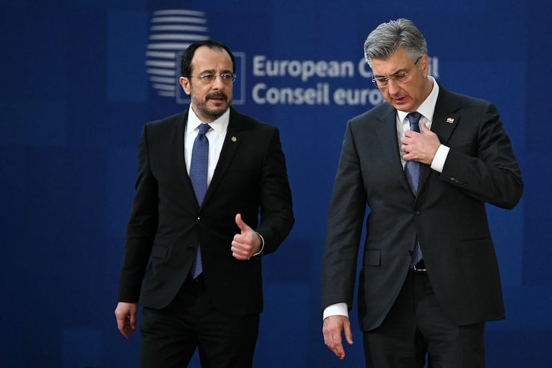 Cyprus' president Nikos Christodoulides (left) and Croatia's prime minister Andrej Plenkovic at an EU Summit in Brussels this month. Photograph: Nicolas Tucat/AFP via Getty Images