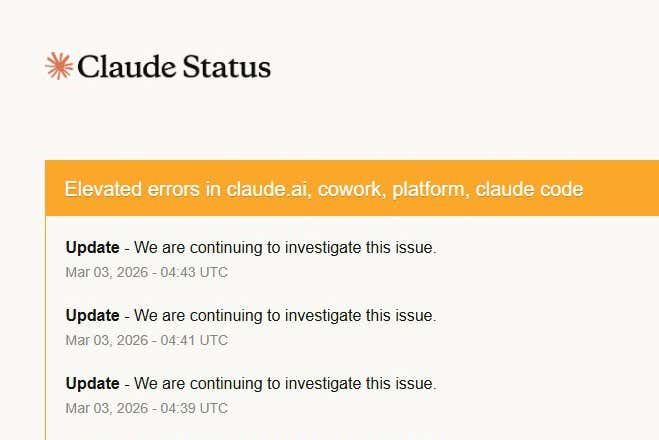 Screengrab Showing the Cluade AI outage on 3rd March 2026