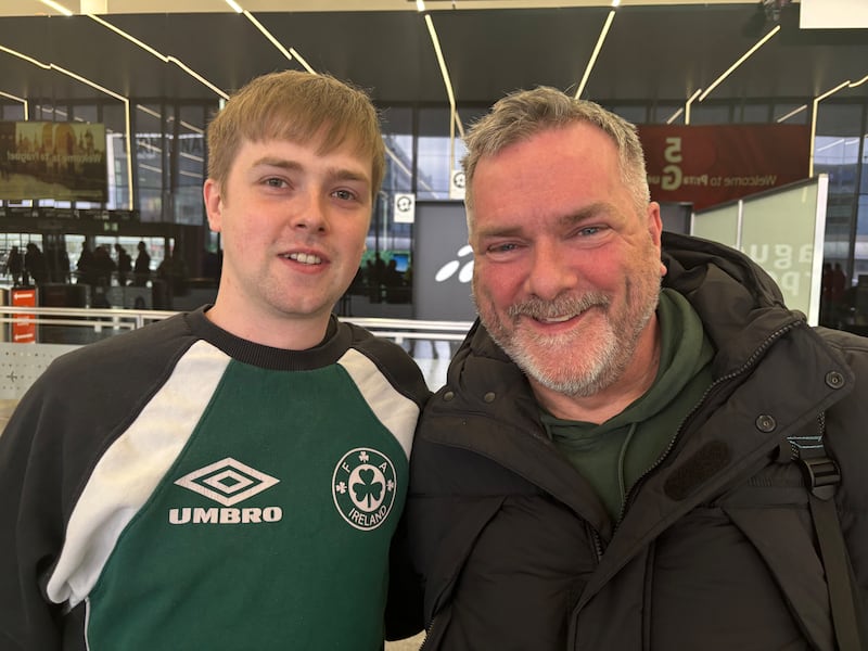 Mark Maguire, right, and son Conor, arriving in Prague for the Ireland-Czech Republic match. Photo: Jack Power