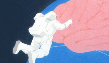 An illustration of an astronaut touching a giant abstract brain.