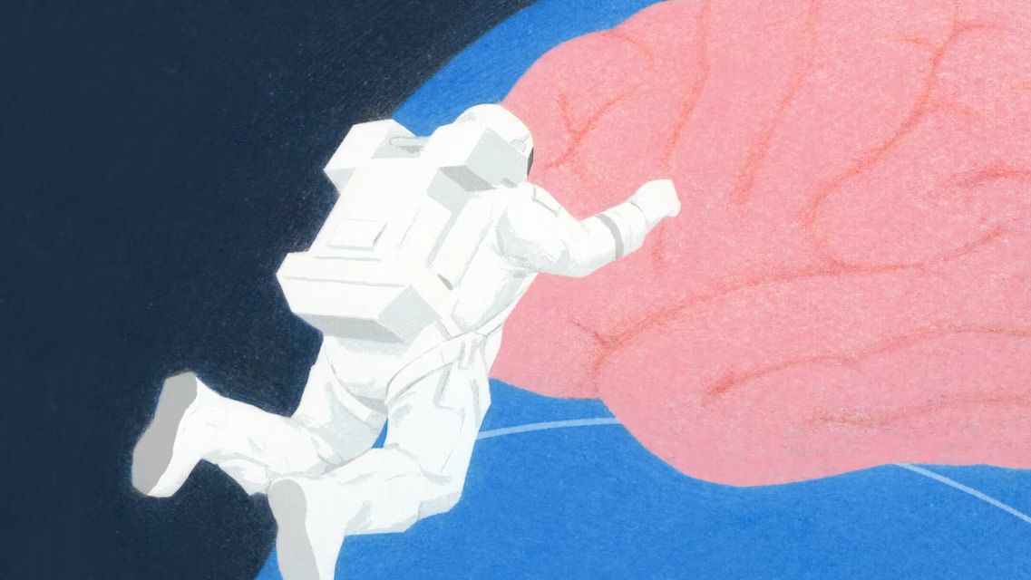 An illustration of an astronaut touching a giant abstract brain.