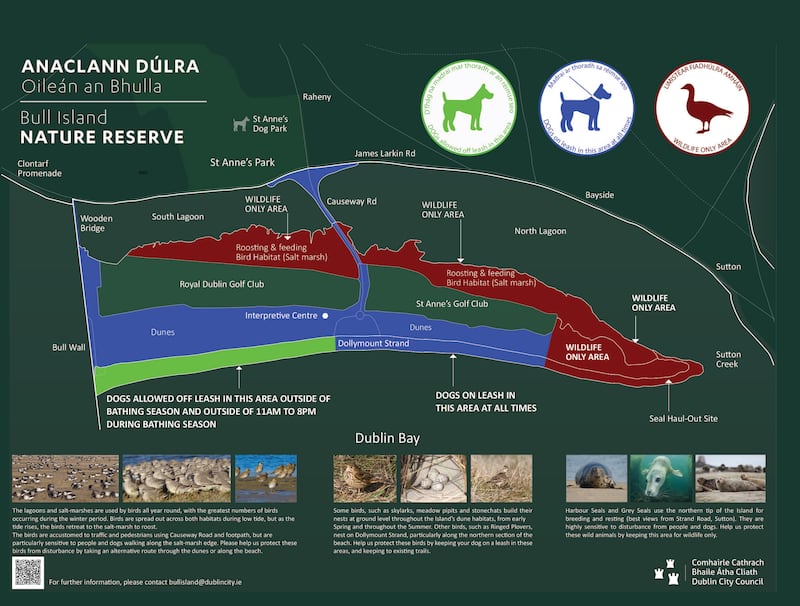 Sign shows which parts of Bull Island are open to public and what activities are allowed there