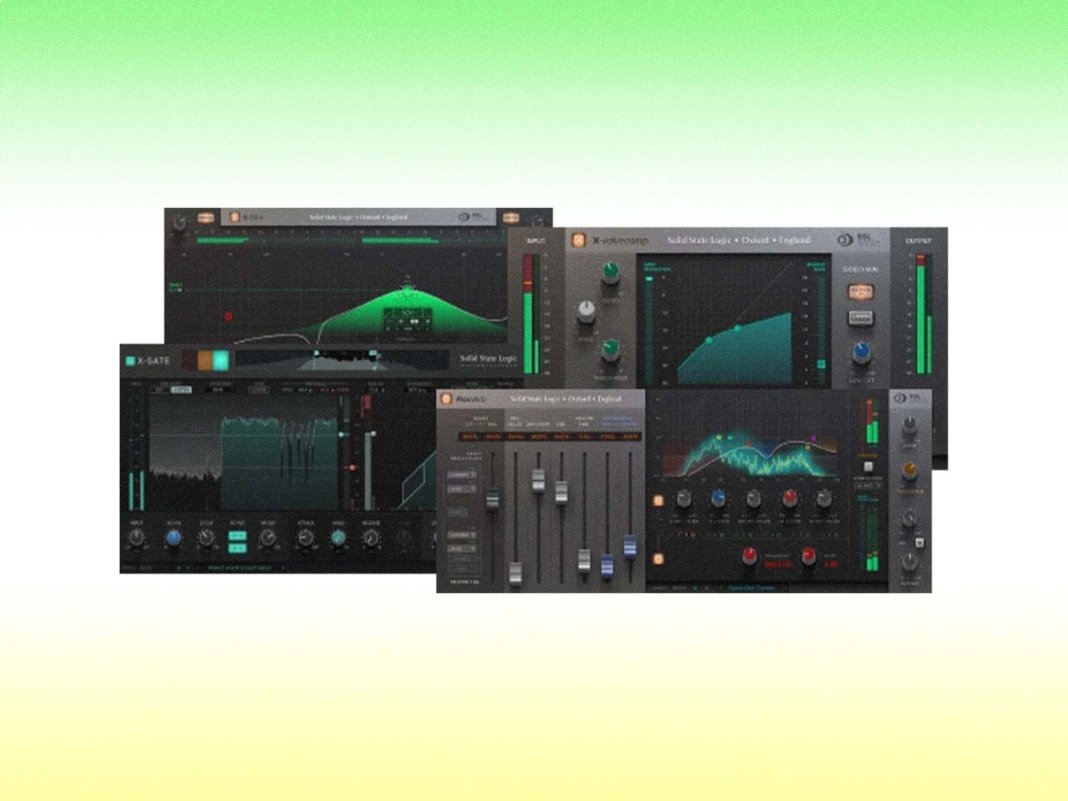 All four UIs from the plugins included in the SSL Mixing Bundle.