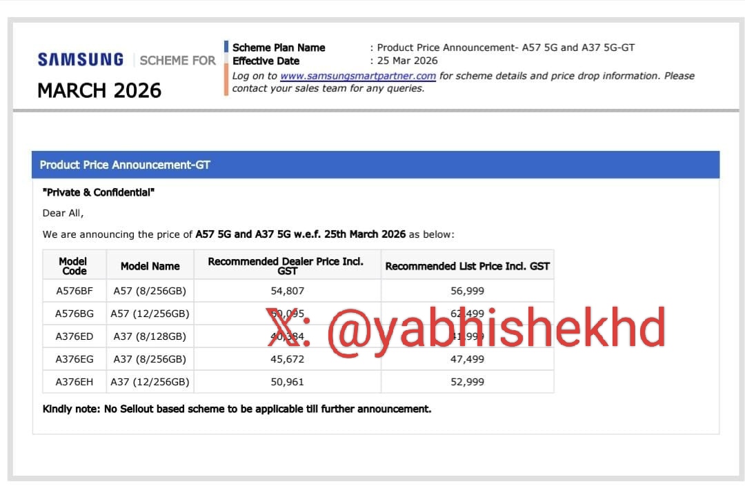 samsung india's alleged communication to retailers about galaxy a57 and galaxy a37 pricing