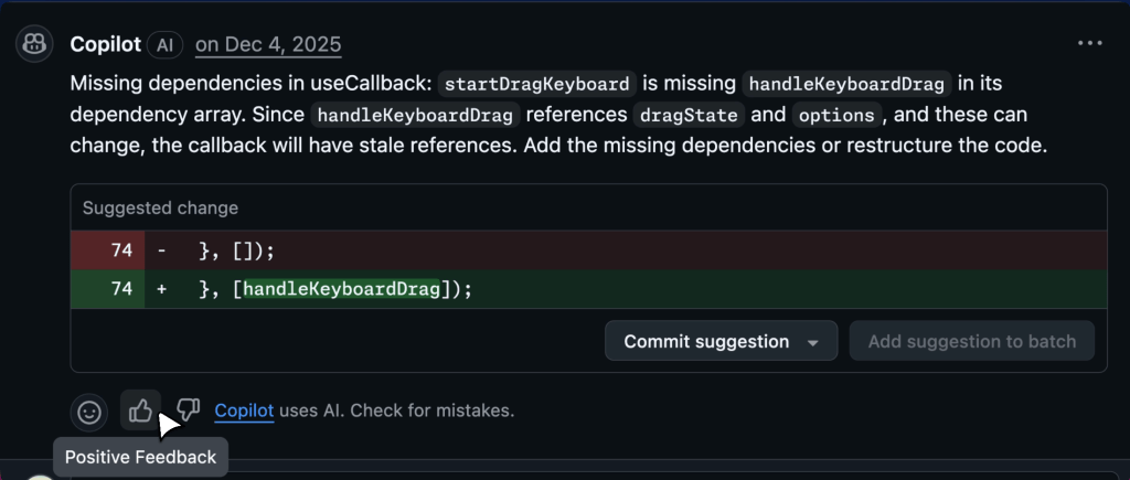 Copilot code review comment identifying a missing dependency in a React useCallback hook and suggesting a code change to add handleKeyboardDrag to the dependency array.