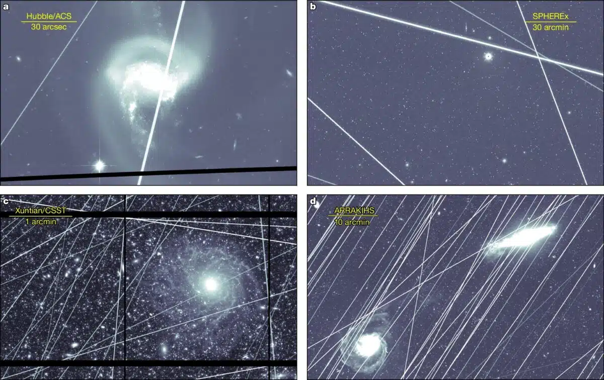 Simulated Effects Of Satellite Trails In Hubble, Spherex, Xuntian And Arrakihs