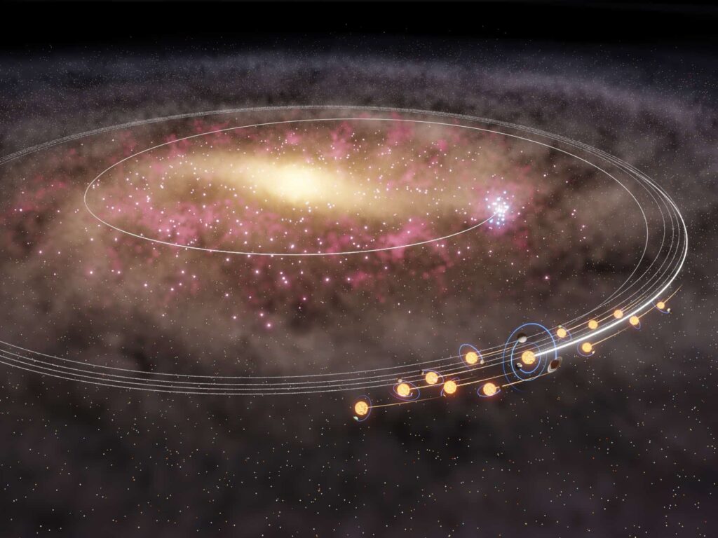 Artistic depiction of a galaxy with orbiting planets and cosmic dust.