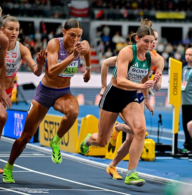 Kate O'Connor and Anna Hall of United States compete in the 800m event in the women's pentathlon at the World Athletics Indoor Championships in Torun, Poland. Photo: Sam Barnes/Sportsfile