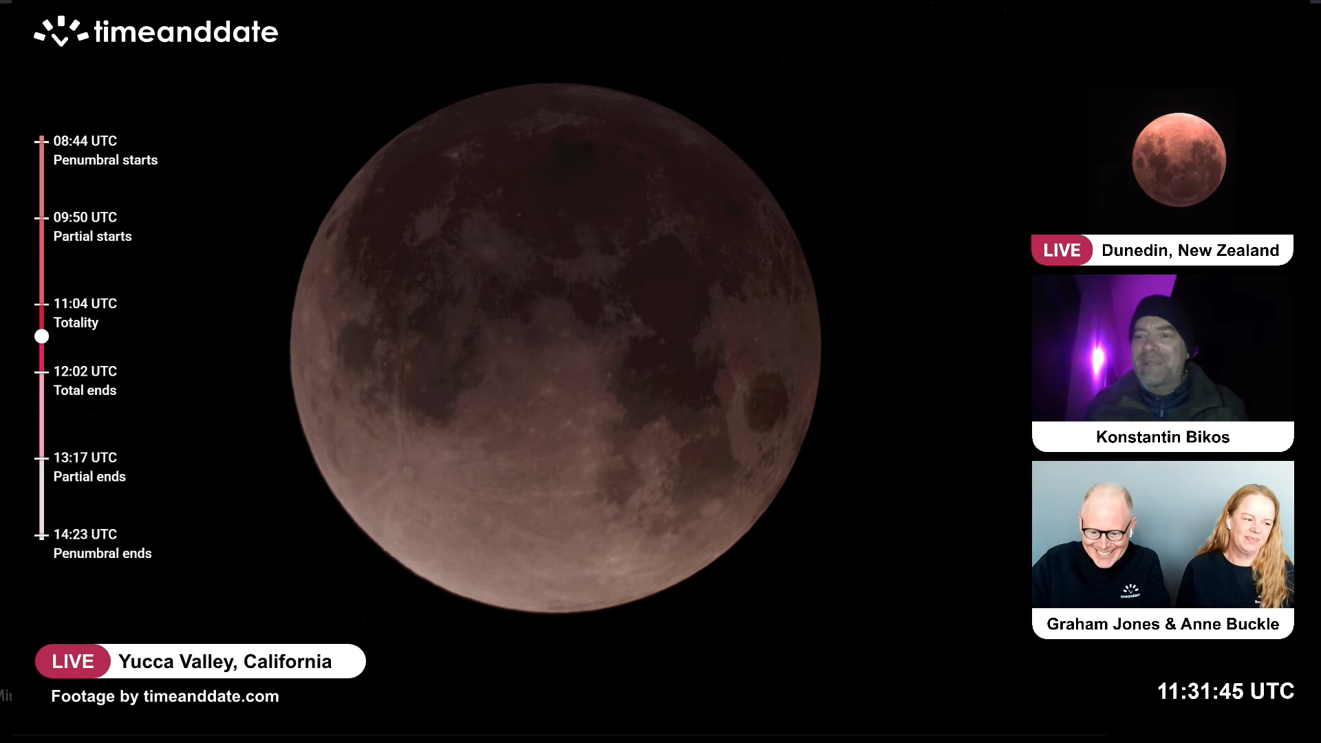 A full moon is pictured in a black sky during an eclipse livestream. The hosts are shown on the right with a timeline on the left.