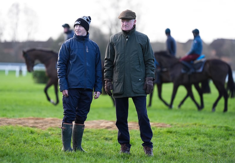 Willie Mullins (right) on the gallops ahead of day two of the  Cheltenham Festival. Photograph: Mike Egerton/PA Wire.
