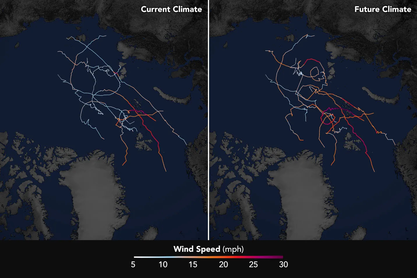 A comparison of two maps showing wind speed over the same area in two different years