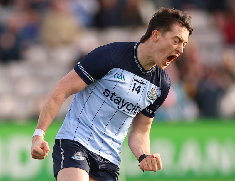 Dublin’s Killian McGinnis celebrates scoring the game's only goal against Galway. Photograph: James Crombie/Inpho