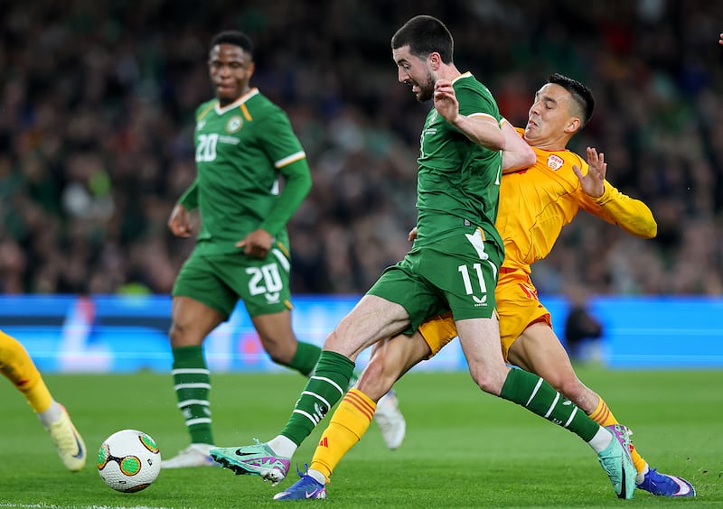 International Friendly,  Aviva Stadium, Dublin 31/3/2026 
Republic of Ireland vs North Macedonia  
Ireland's Finn Azaz and Tihomir Kostadinov of North Macedonia
Mandatory Credit ©INPHO/Ryan Byrne