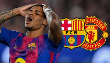 Marcus Rashford next to the Barcelona and Manchester United badges - copyright TEAMtalk