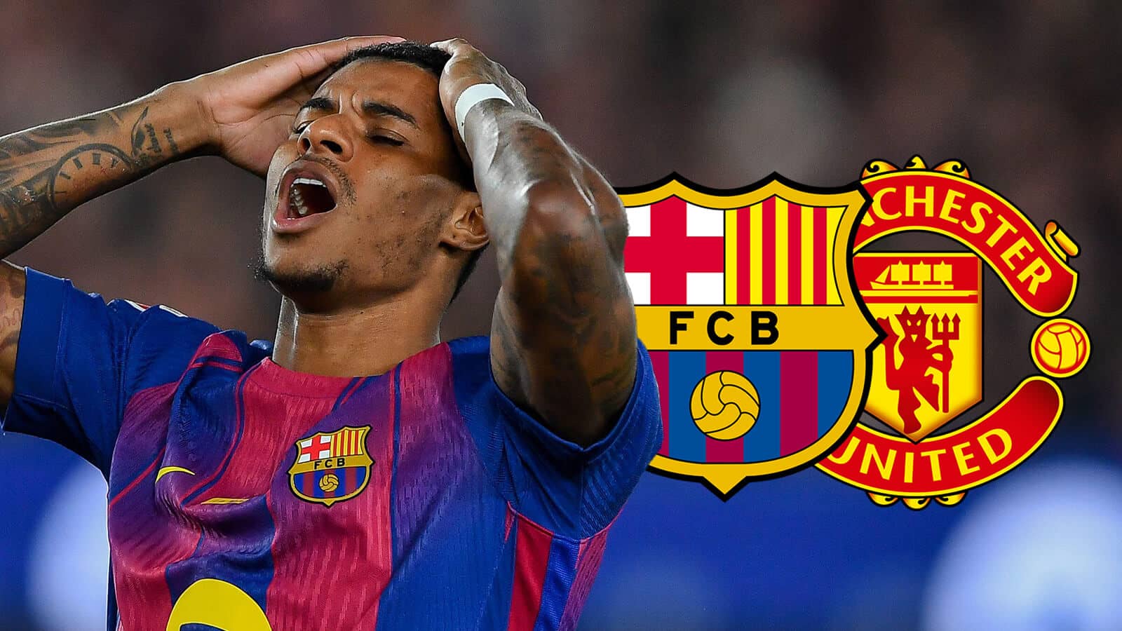 Marcus Rashford next to the Barcelona and Manchester United badges - copyright TEAMtalk