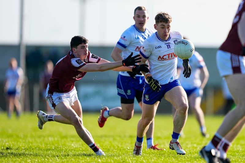 Micheál Bannigan on the ball in Monaghan's Division 1 game against Galway. Photograph: James Lawlor/Inpho