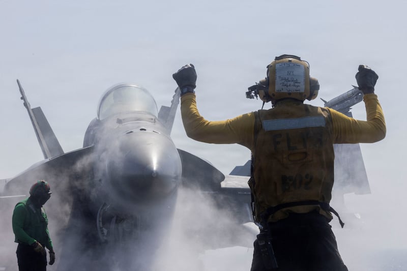 A US warplane prepares to launch from the USS Abraham Lincoln in support of Operation Epic Fury attack on Iran. Photograph: US Navy/Reuters
