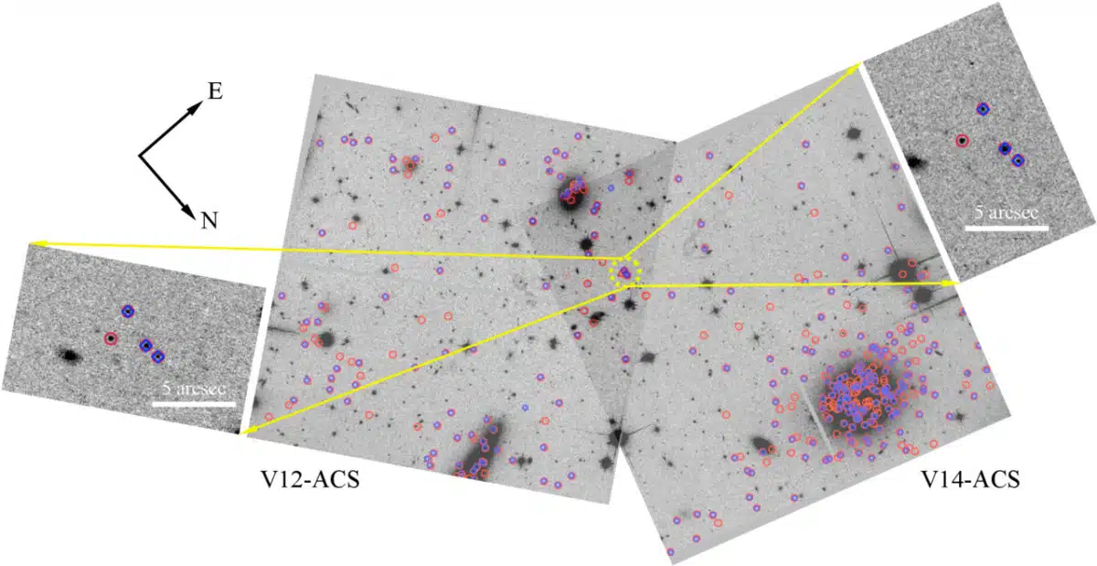 This Image Shows A Detailed Map Of The Galaxy Cdg 2, With Globular Clusters Highlighted In Red And Blue Circles.