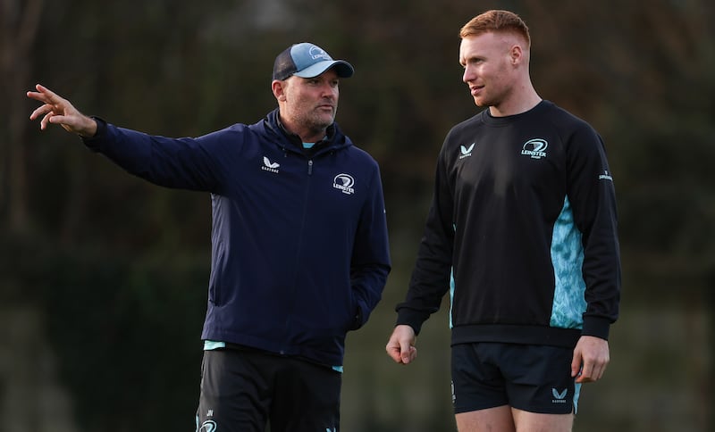 Leinster senior coach Jacques Nienaber and Leinster's Ciarán Frawley. Photograph: Grace Halton/Inpho