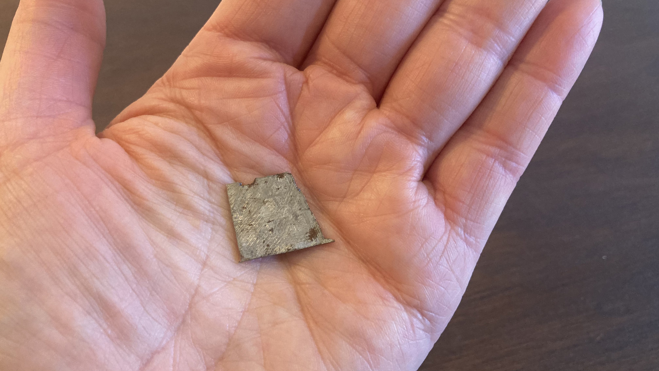 A slice of meteorite in the author's hand.