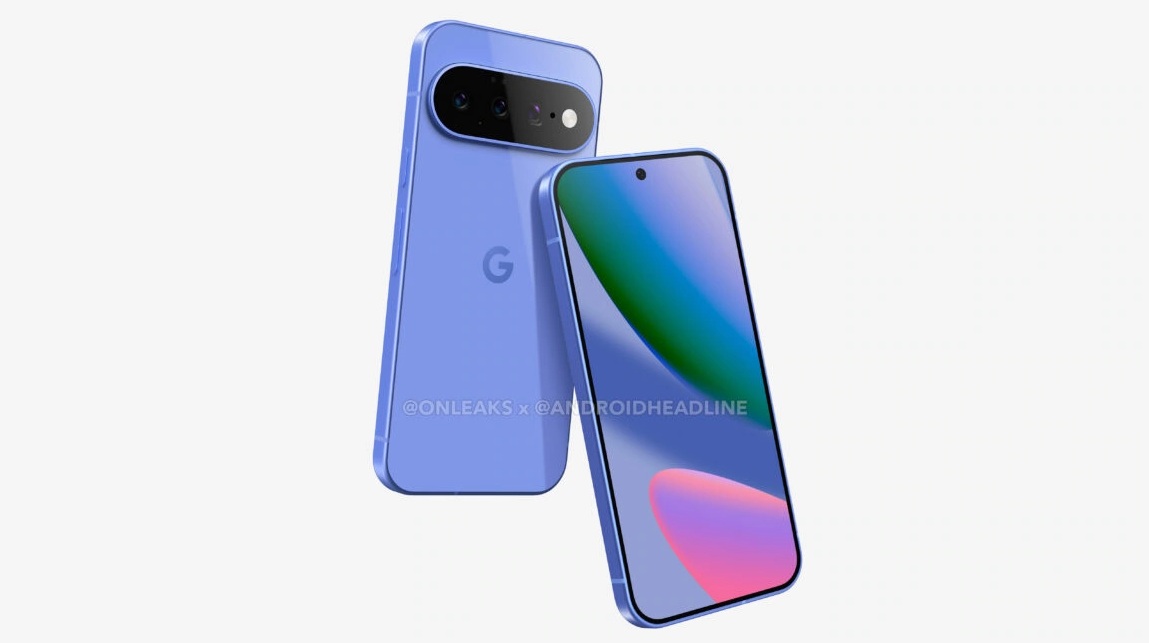 An alleged render of the Google Pixel 11 in a blue colorway, showing off almost no change from the Pixel 10, with a 6.3-inch display, rounded corners, and a raised pill-shaped camera bar.