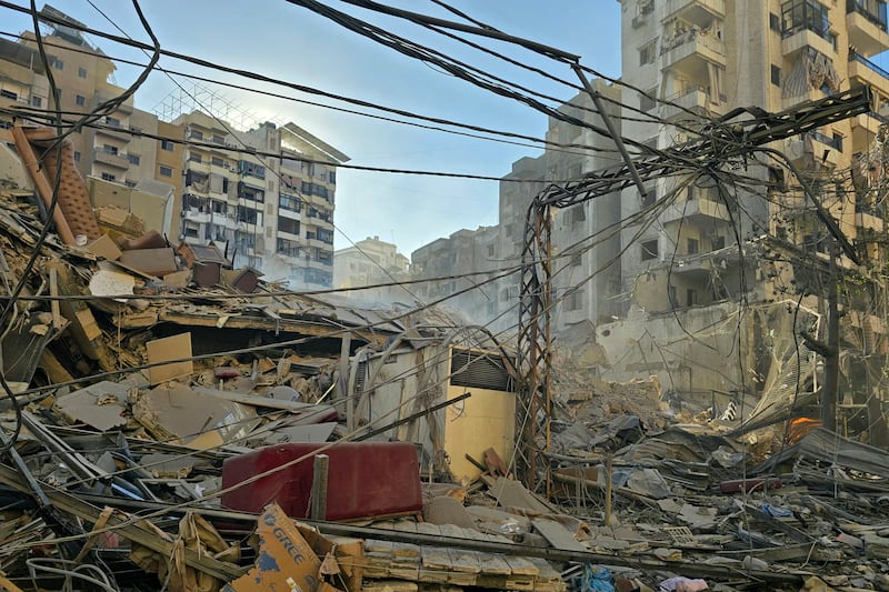 Rubble of destroyed buildings is pictured at the site of an Israeli airstrike that targeted Rweiss neighbourhood in Beirut's southern suburbs, on March 8th, 2026. Photograph: AFP via Getty Images