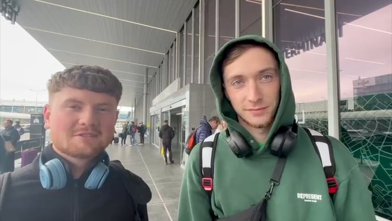 James Doyle and Gavin Kelleher arrived at Prague after a day of travel chaos. Photograph: Jack Power