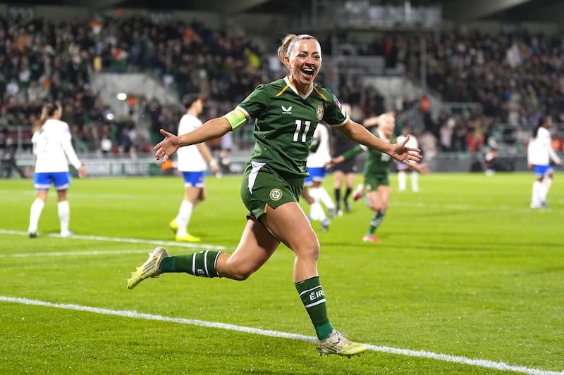 Katie McCabe celebrates scoring for Ireland. Photograph: Niall Carson/PA