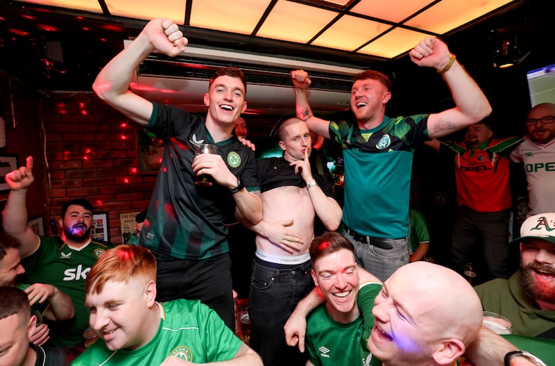 Spirits are (very) high among Irish fans over in Prague, including this bunch in the Waxy Malones pub. Photograph: Ryan Byrne/INPHO
