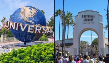 Side-by-side: Universal Studios globe icon spins on the left; vibrant park entrance and excited guests on the right.