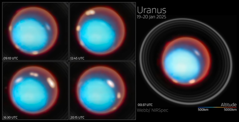 4 small and 1 larger view of a bluish-white planet with green around the edge. A large set of thin rings circles the planet in the largest image. With white text labels on black background.
