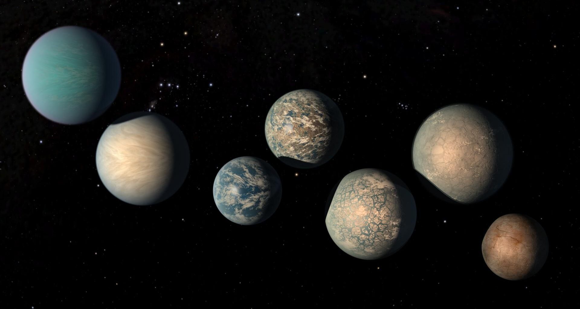 An illustration of a series of brown and blue planets in a dark starry space background