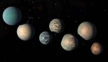 An illustration of a series of brown and blue planets in a dark starry space background