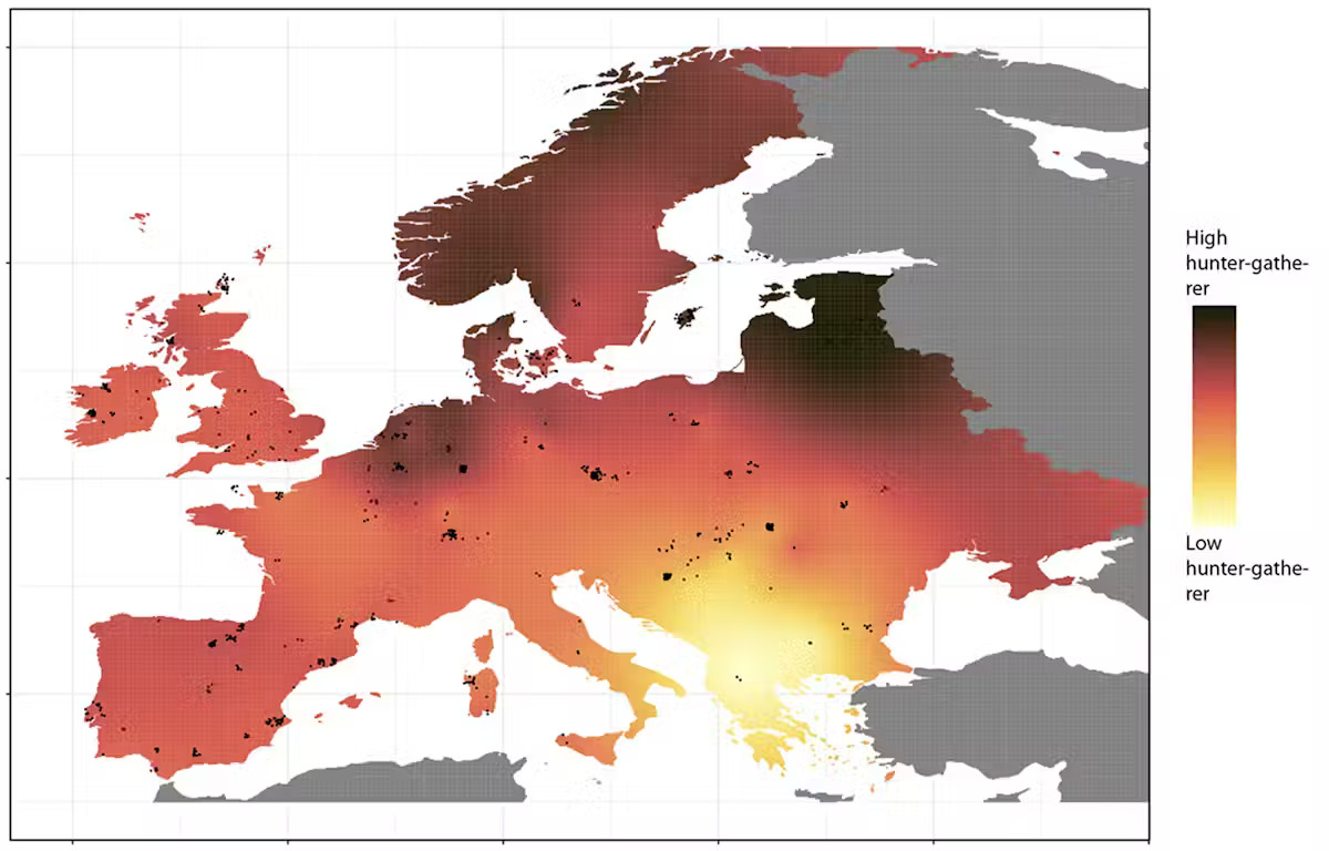 A heat map with red, orange, yellow and black colors filling in areas of western Europe, showing the migration of individuals during the bronze age.