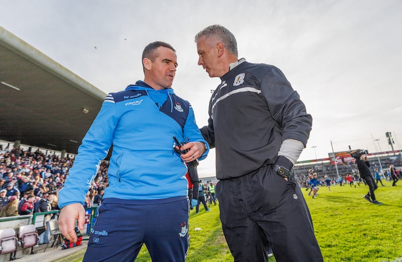 Dublin manager Ger Brennan and Galway manager Pádraic Joyce chat after the game. Photograph: James Crombie/Inpho