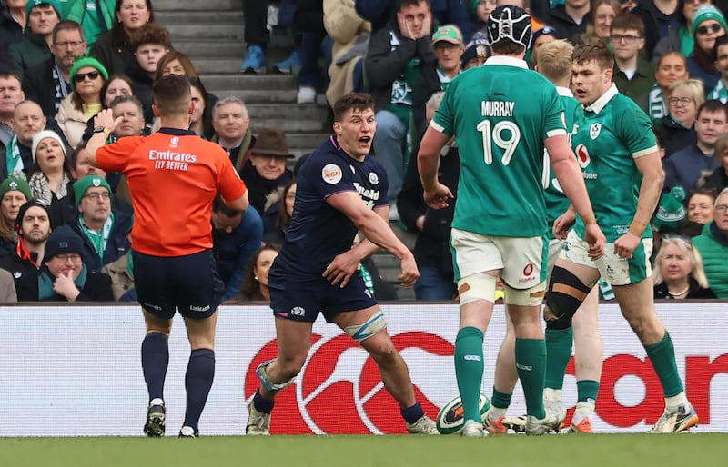 Scotland's Rory Darge celebrates scoring his side's third try during the Six Nations match against Ireland at the Aviva Stadium. Photograph: Liam McBurney/PA Wire