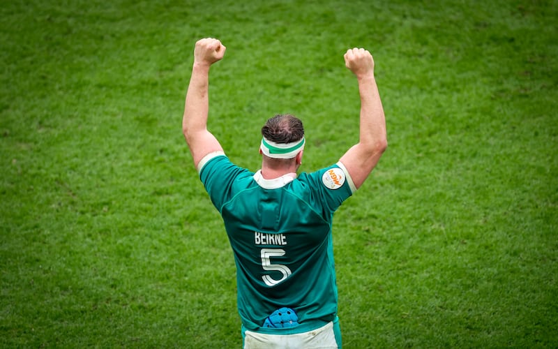 Ireland's Tadhg Beirne celebrates the victory over Scotland at the final whistle. Photograph: Inpho 
