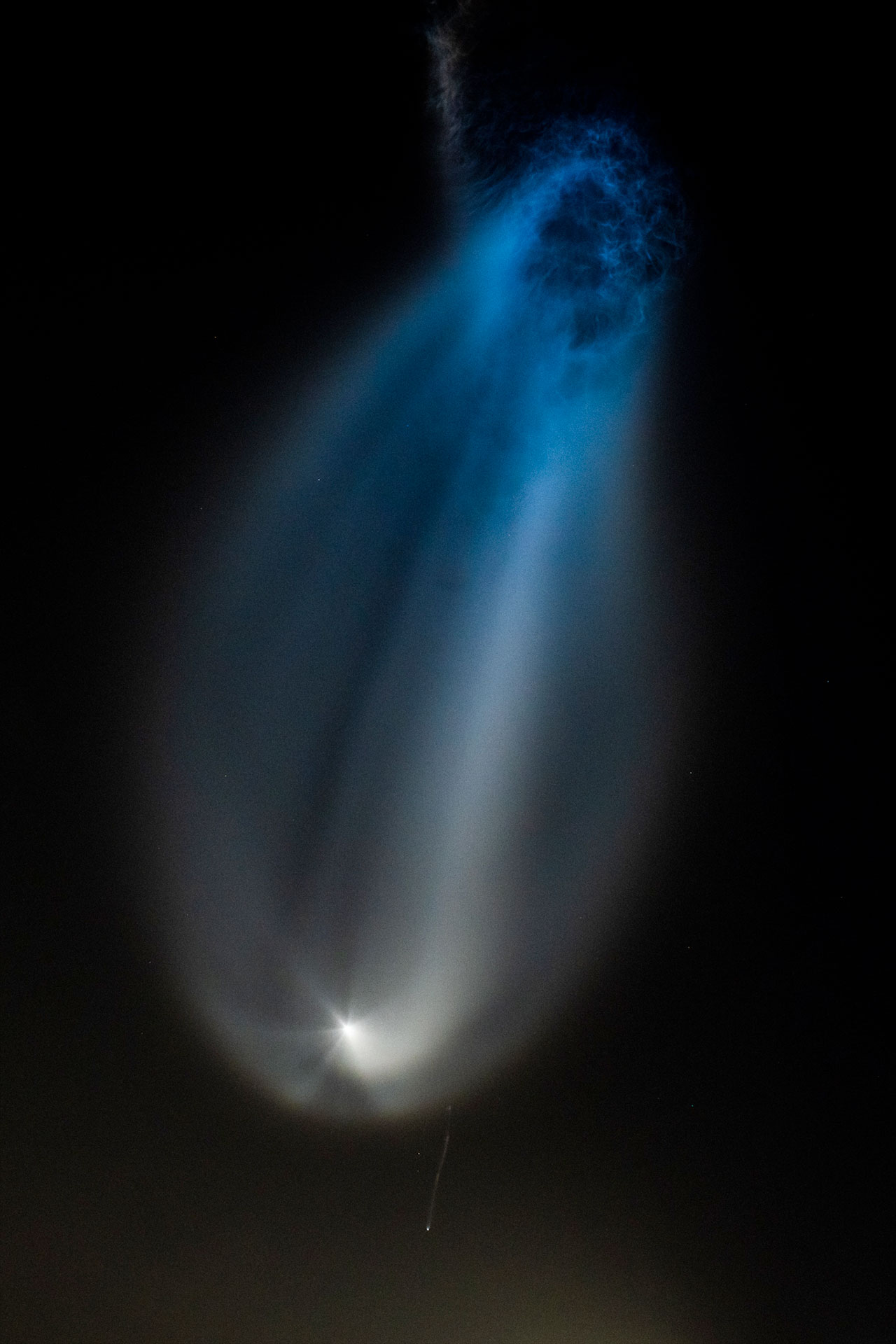 the high-altitude plume of a rocket launch is lit up by the sun causing the "jellyfish" effect.