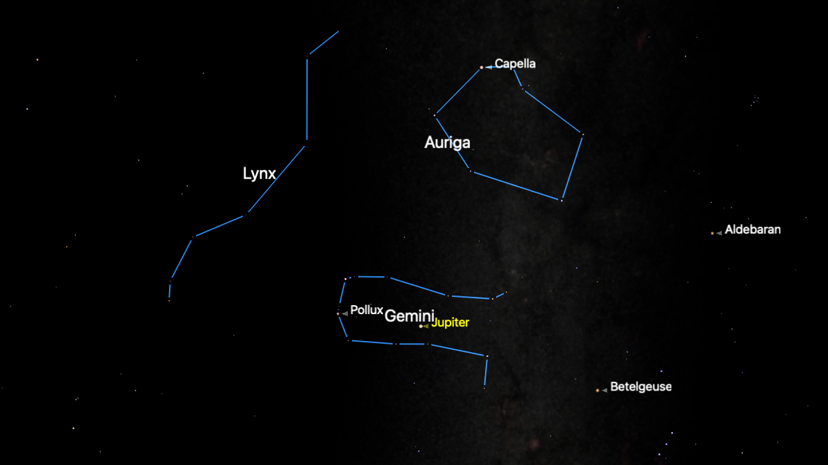 A simulation of the night sky for March 13 showing the stars of the constellations Gemini, Auriga and Lynx connected by blue lines.