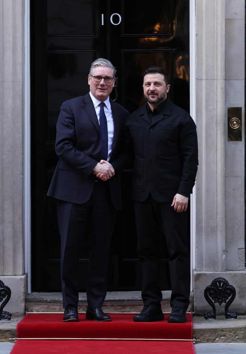 British prime minister Keir Starmer greets president of Ukraine Volodymyr Zelenskiy upon his arrival in Downing Street March 17th, 2026 in London, England. Photograph: Dan Kitwood/Getty Images