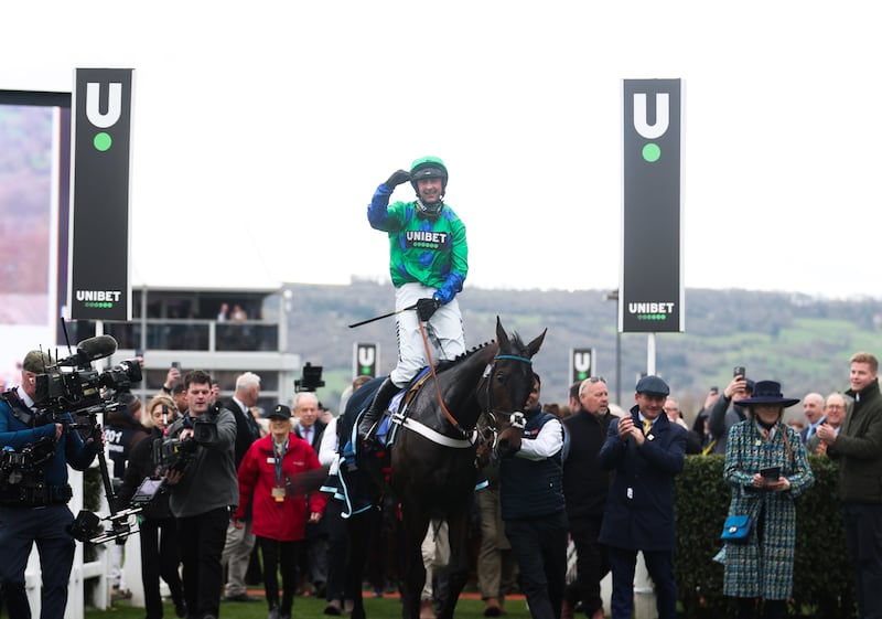 Nico de Boinville celebrates after winning with Old Park Star on day one of the Cheltenham Festival. Photograph: Tom Maher/Inpho