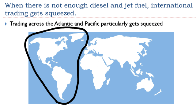 World map highlighting the regions affected by low diesel and jet fuel supply, emphasizing the Atlantic and Pacific trading routes.