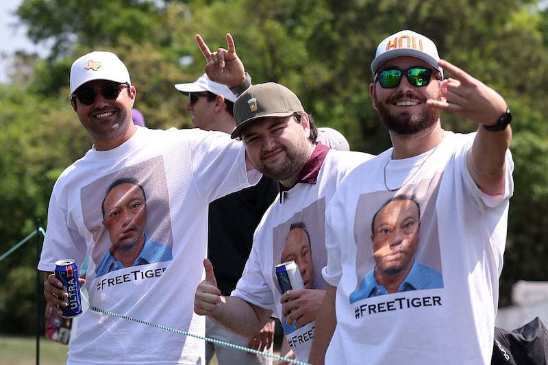 Fans wearing shirts in support of Tiger Woods during the third round of the the 2026 Houston Open on Saturday. Photograph: Mike Mulholland/Getty Images