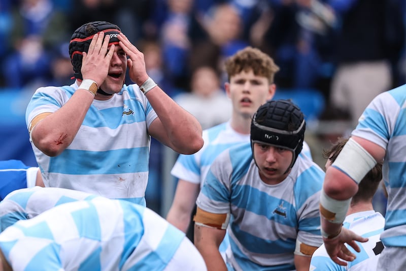 Blackrock's Geoffrey Wall reacts in disbelief after his side concedes a third try during the final replay. Photograph: Ben Brady/Inpho