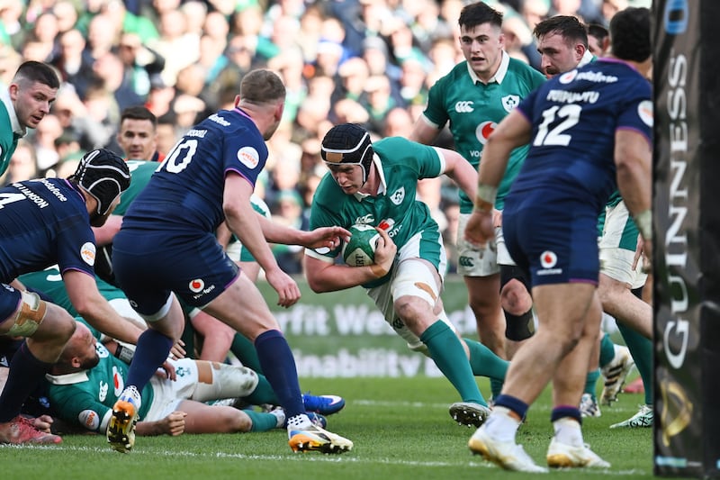 Darragh Murray makes his mark for Ireland by scoring a try against Scotland in the Six Nations. Photograph: Charles McQuillan/Getty Images