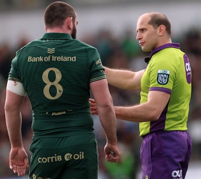 Referee Federico Vedovelli speaks to Paul Boyle of Connacht during Saturday's URC game between Connacht and Ospreys at Dexcom Stadium. Photograph: James Crombie/Inpho