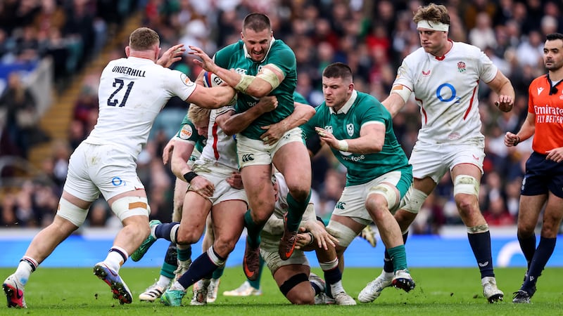 Stuart McCloskey powers forward against England, in a snapshot of the relentless approach that saw Andy Farrell's men secure a record victory at Twickenham in last month's Six Nations match. Photograph: Ben Brady/Inpho