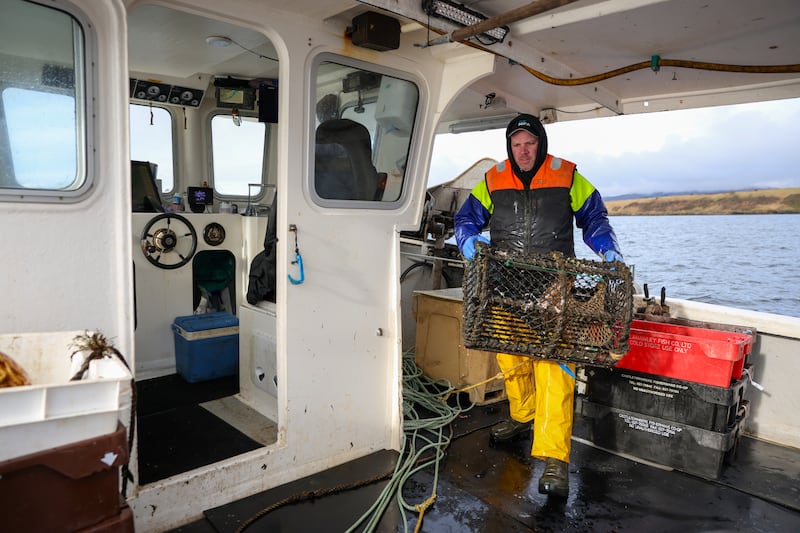 Menarry hauls in lobster pot aboard Charlie Boy 2. Photograph: Enda O'Dowd