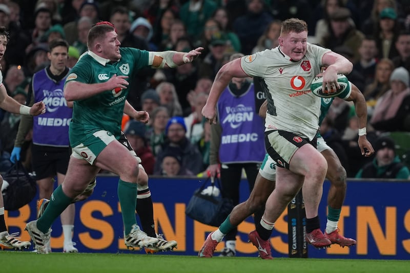 Wales' Rhys Carré on his way to scoring a try during match against Ireland in Dublin. Photograph: Brian Lawless/PA Wire